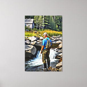 Toile *~* Man Fishing Stream Nature AP49 Cabine
