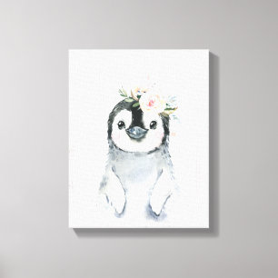 Toile Manchot bébé floral aquarelle Animaux enneigés