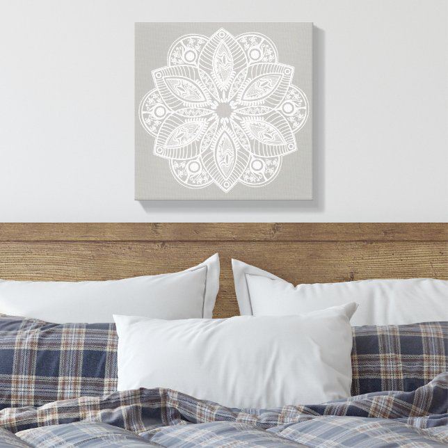 Toile Mandala blanc exotique sur Arrière - plan gris (Insitu(Chambre))