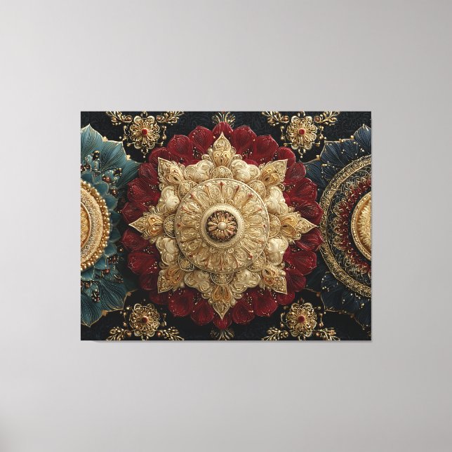 Toile Mandala de bijou orné de sarcelle dorée et cramois (Recto)