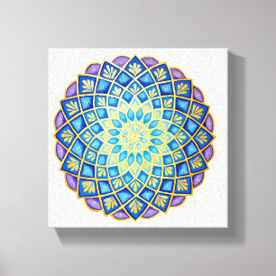 Toile Mandala Fleur Dorée Bleu Violet