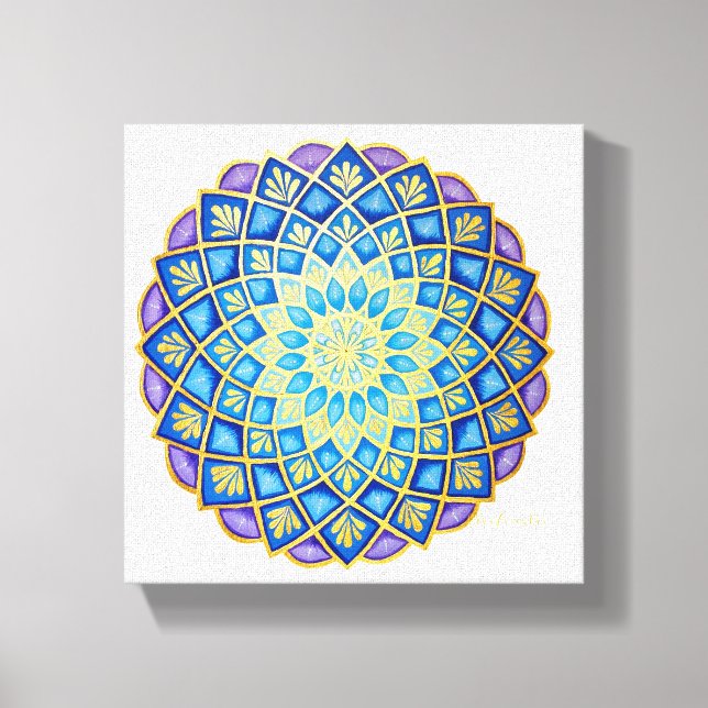 Toile Mandala Fleur Dorée Bleu Violet  (Recto)