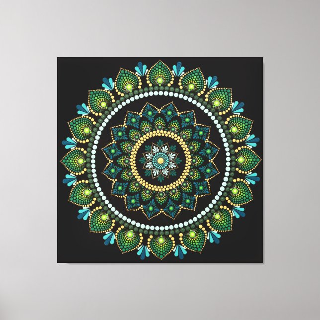 Toile Mandala vert | Peint main | Géométrie sacrée (Recto)