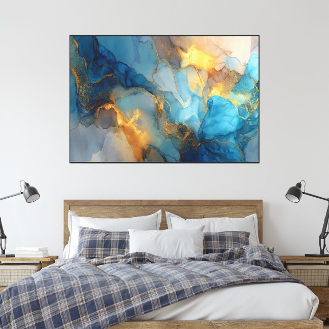 Toile Marbre fluide sarcelle et or - Art abstrait (Insitu(Chambre))