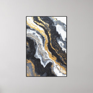 Toile Marbre Noir, Blanc et Or Flux Abstrait Murale 