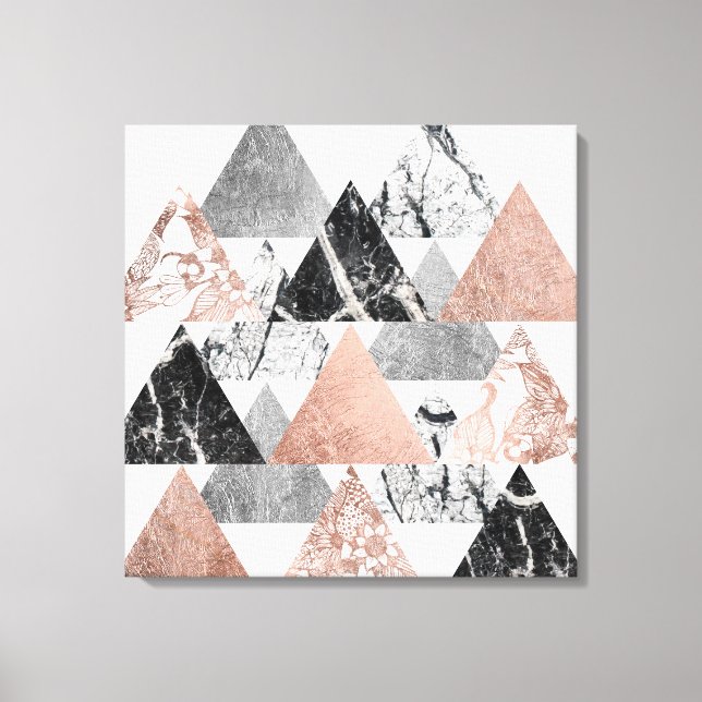 Toile Marbre Rose or argent et Floral Geo Triangles (Recto)