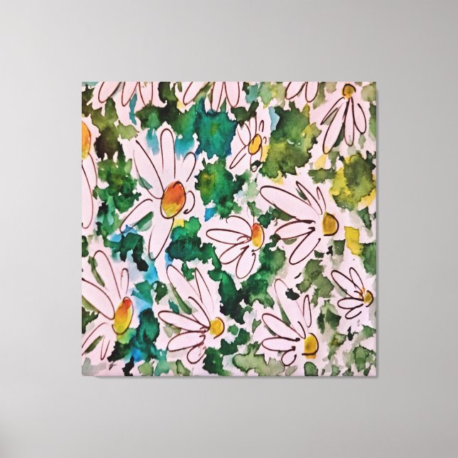 Toile Marguerites, substrat vert, abstraction. (Recto)