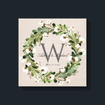 Toile Mariage Keepske de monogramme de lin rustique<br><div class="desc">Un mariage personnalisé. Cette élégante peinture murale en toile de lin numérique rustique présente une texture de lin beige arrière - plan avec une belle aquarelle et une couronne de coton qui encadrent le classique monogramme gris foncé initial. Les prénoms du couple sont écrits sur le monogramme initial dans un...</div>