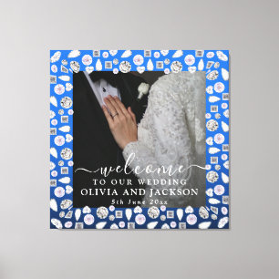 Toile Mariage Paillettes Diamant Cœur Bleu Argent Élégan