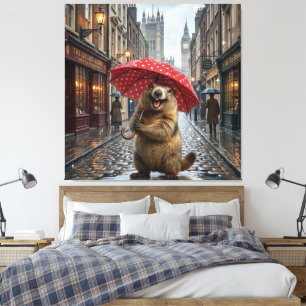 Toile Marmotte mignonne à Londres avec un parapluie roug