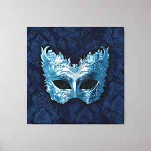 Toile Masque Vénitien Bleu sur Fond de Damas Bleu