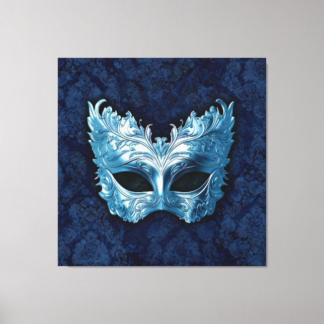 Toile Masque Vénitien Bleu sur Fond de Damas Bleu (Recto)