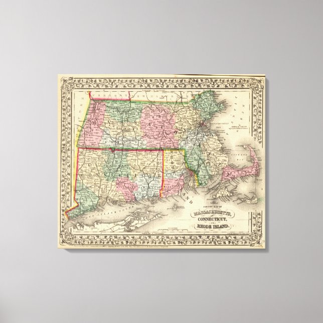 Toile Mass, Conn, RI Map par Mitchell (Recto)