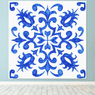 Toile Médaillon central rond en carreau bleu portugais