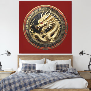 Toile Médaillon de dragon sacré oriental en or