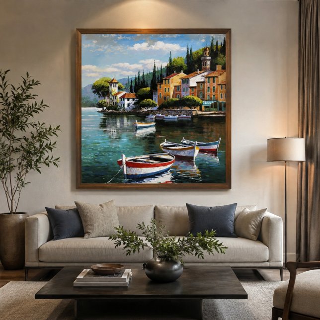Toile Mediterranean Harbor Serenity (“A serene waterfront masterpiece that brings color, calm, and Mediterranean charm to any space.”)