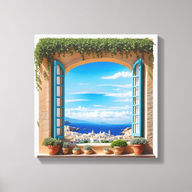 Toile Mediterranean Sea View Window | Aegean Island Town (Recto)