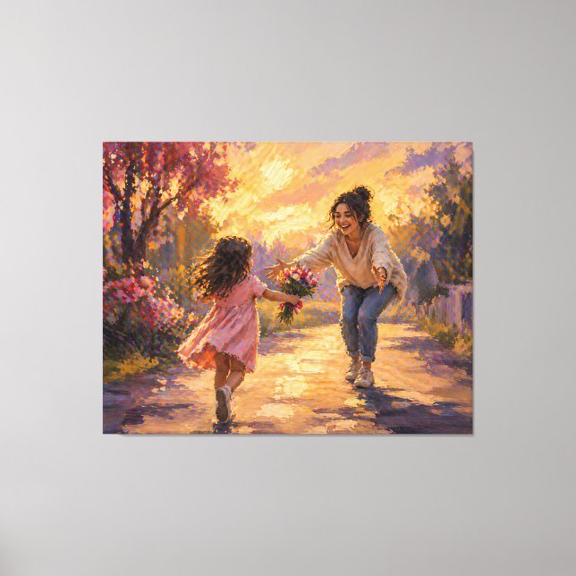 Toile Mère Enfant Courant Avec Des Fleurs (Recto)