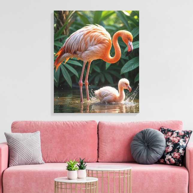 Toile Mère Flamant rose avec poussin (Insitu(Salon))