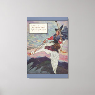 Toile Mère Oie des années 1920 chevauchant sa gigantesqu