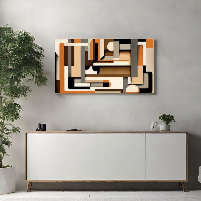 Toile Mi-siècle moderne géométrique Noir, Taupe & Orange (Printed Canvas Art Mid Century Modern Geometric in Orange Taupe and Black Modern Minimalist)