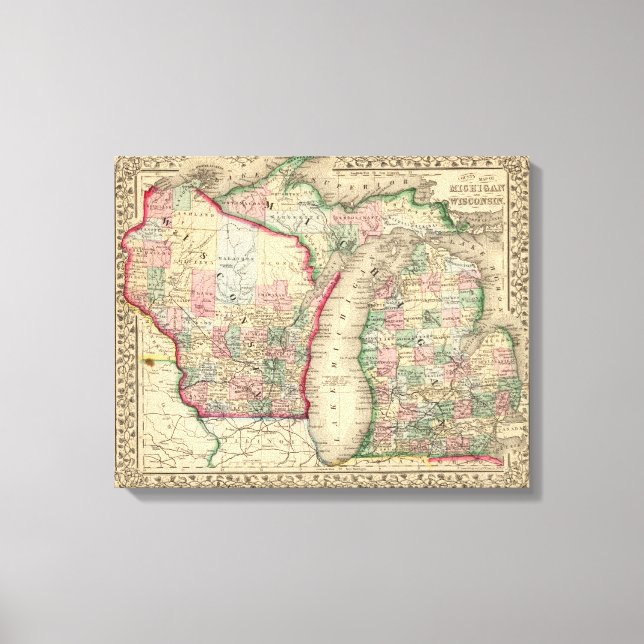 Toile Michigan, Wisconsin Carte par Mitchell (Recto)