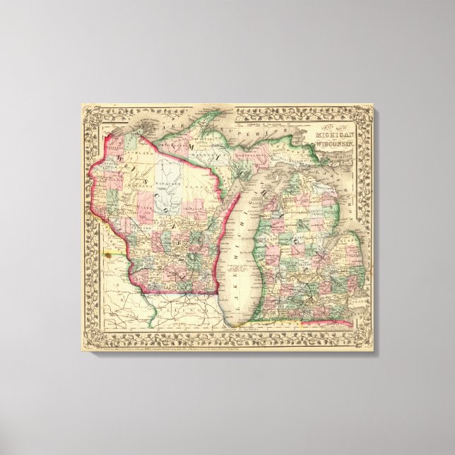 Toile Michigan, Wisconsin Carte par Mitchell (Recto)