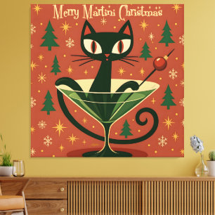 Toile Mid Century Black Cat Merry Martini Noël
