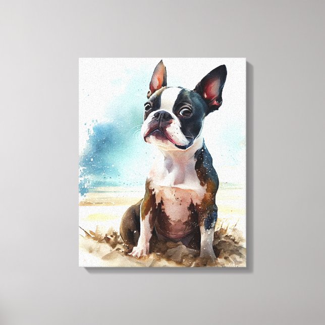 Toile Mignon Boston Terrier sur la plage (Recto)