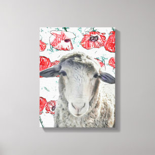 Toile Mignonne Mérino Mouton Animal Red Poppy Fleurs