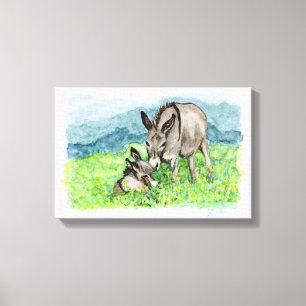Toile Miniature Donkey Maman et bébé Aquarelle Art
