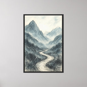 Toile Misty Mountain Path Charcoal & Watercolor Art