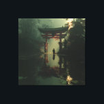 Toile Misty Torii Gate Dawn Solitude Figure<br><div class="desc">A solitary traveler stands before a majestic red torii gate rising from a misty, lily-pad-filled pond at dawn. Thick fog envelops dense bamboo and ancient trees, while golden sunrise rays pierce through, casting luminous beams and soft reflections across the calm water. The iconic gate glows with quiet power, symbolizing transition,...</div>