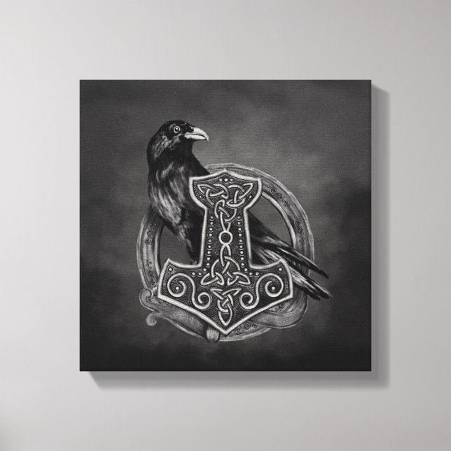 Toile Mjolnir - Le marteau de Thor et corbeau (Recto)