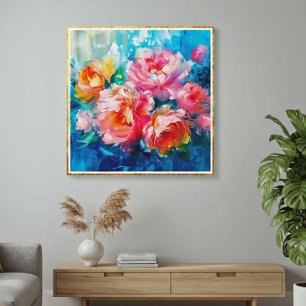 Toile Moderne Abstrait Rose Floral – Cadre Texturé Or