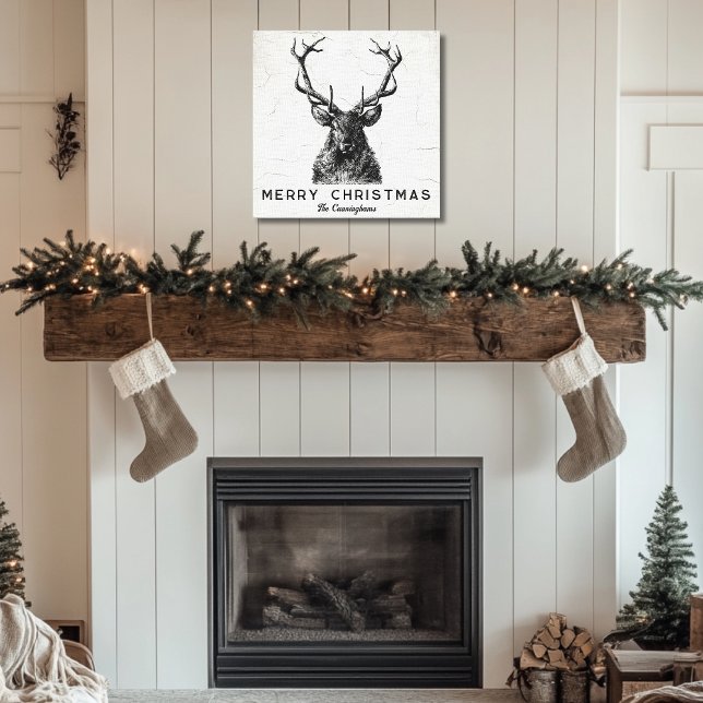 Toile Monogramme de Noël Russe noir blanc cerf (Rustic Black White Deer Christmas Monogram Canvas Print)