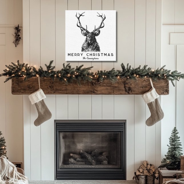 Toile Monogramme de Noël Russe noir blanc cerf (Rustic Black White Deer Christmas Monogram Canvas Print)