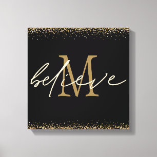Toile Monogramme Initial Croire Script Paillettes Or Noi
