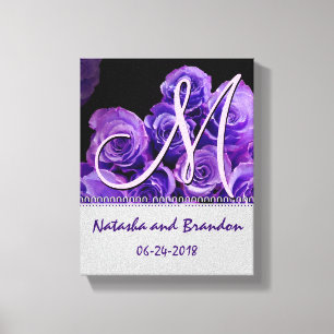 Toile Monogramme mariée et groom avec Roses violets