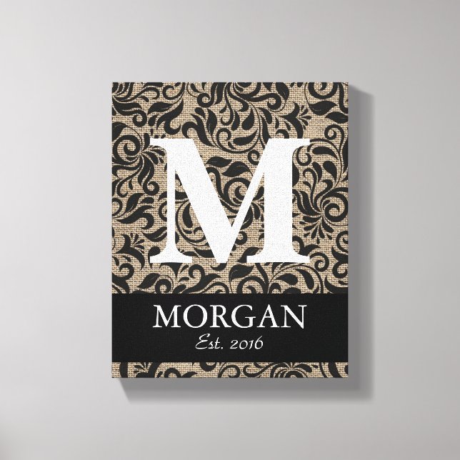 Toile Monogramme rustique Damask Burlap Nom de famille S (Recto)