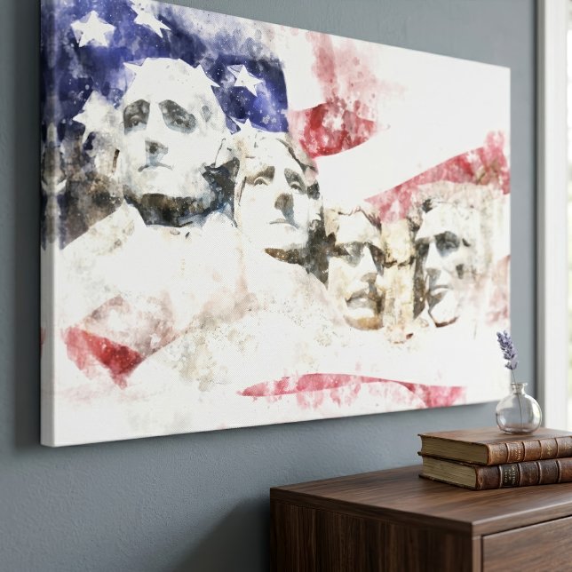 Toile Mont Rushmore Aquarelle avec drapeau américain (Mount Rushmore Watercolor with American Flag. Canvas Print)