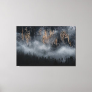 Toile Montagnes avec brouillard à travers la forêt d'épi