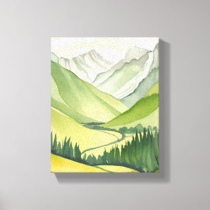 Toile Montagnes Luxuriantes Paysage Aquarelle Verte