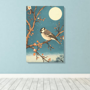 Toile Moonlit Bird on Blossom Branch
