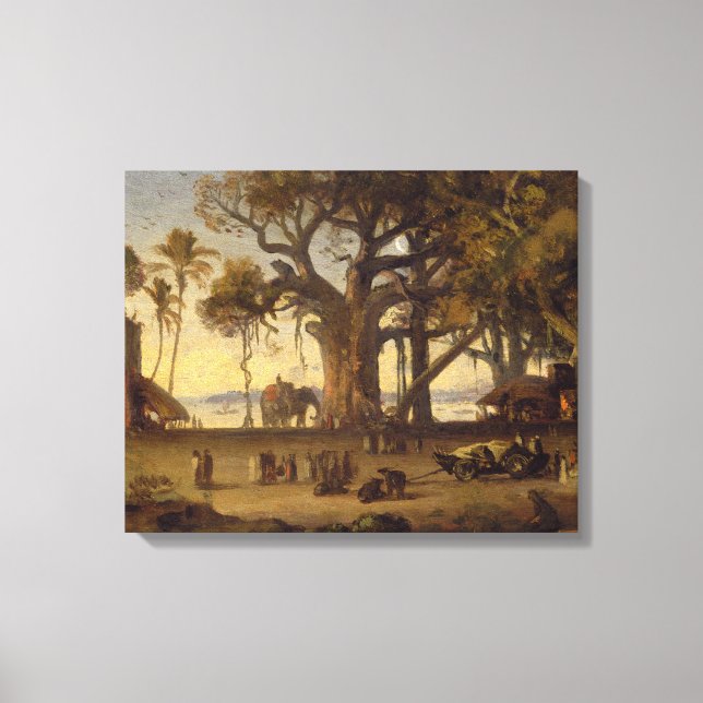 Toile Moonlit Scene of Indian Figures and Elephants amon (Recto)