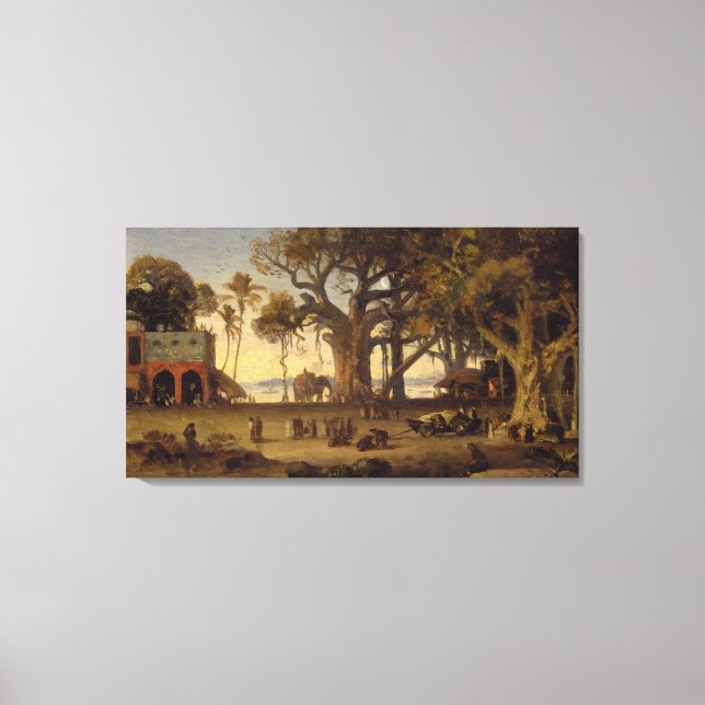Toile Moonlit Scene of Indian Figures and Elephants amon (Recto)