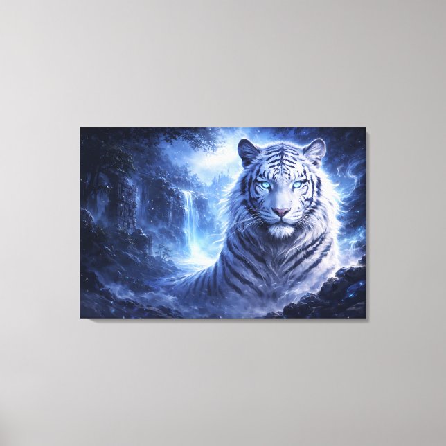 Toile Moonlit White Tiger Guardian – Blue Fantasy Spirit (Recto)