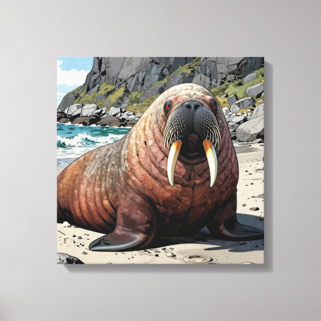 Toile Morse mignon sur une plage de sable  (Recto)