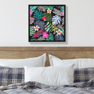 Toile Motif de feuilles et de fleurs tropicales vibrante