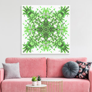 Toile Motif floral abstrait en noir et vert sur fond bla
